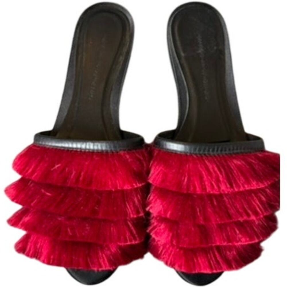 Marco de Vincenzo Silk Fringe Deep Red Sandals Sz 38 Luxury